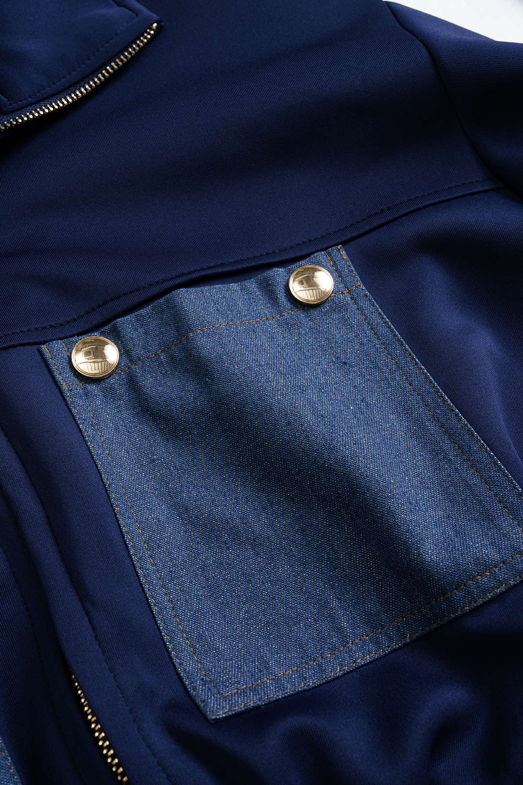 Chaqueta de Denim con Cremallera y Parches de Estampado Contrastante