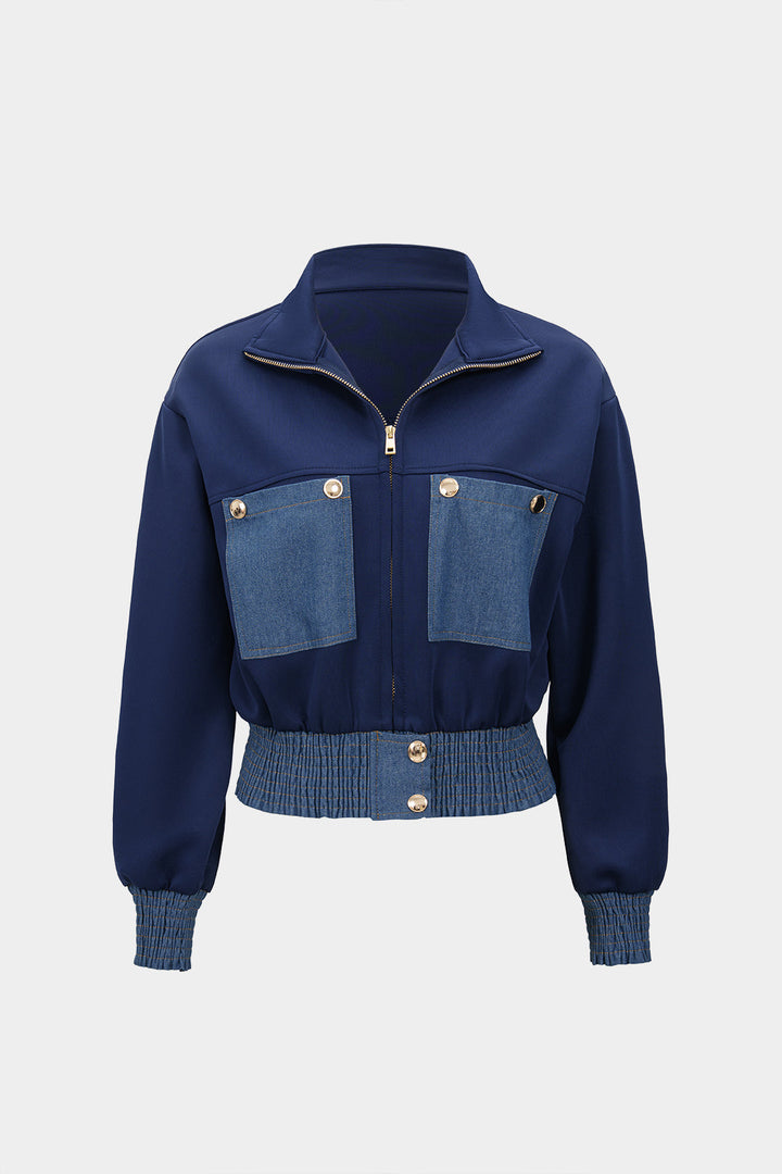 Chaqueta de Denim con Cremallera y Parches de Estampado Contrastante