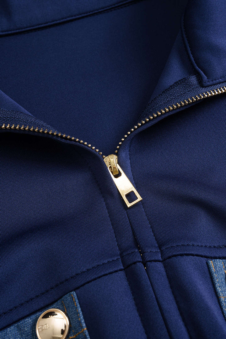 Chaqueta de Denim con Cremallera y Parches de Estampado Contrastante