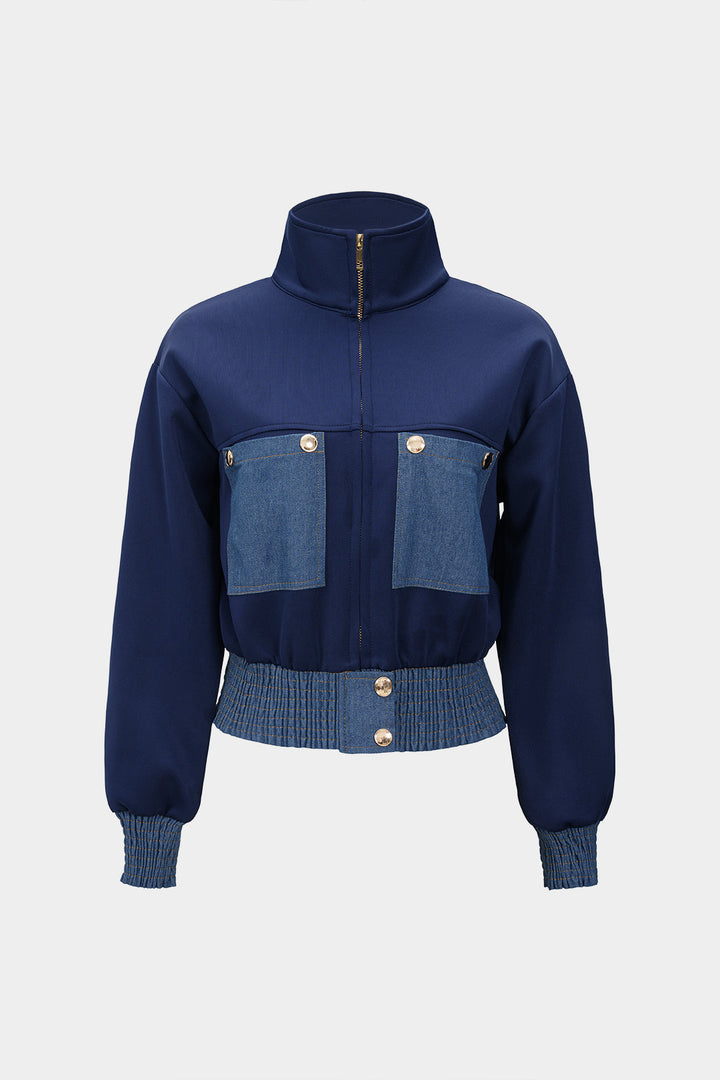 Chaqueta de Denim con Cremallera y Parches de Estampado Contrastante